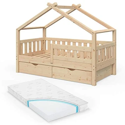 Abbildung von VitaliSpa Hausbett Design, Naturholz, 80x160 cm mit 2 Schubladen und Matratze