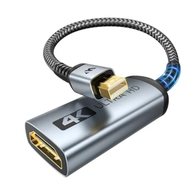 Abbildung von WARRKY 4K Mini DisplayPort auf HDMI Adapter, [Vergoldete, Geflochten, Aluminiumhülse] DP Adapter Konverter Für Thunderbolt 1/2, MacBook Pro, Air, iMac, Surface XPS und Mehr