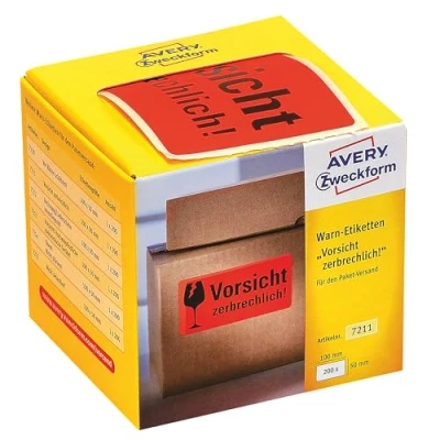 Abbildung von AVERY Zweckform Warnetiketten 7211 Vorsicht zerbrechlich (200 Etiketten auf Rolle im Kartonspender, 100 x 50 mm, selbstklebend, Warnhinweis &quot;Vorsicht Zerbrechlich&quot; für Versand, Umzug) neon rot