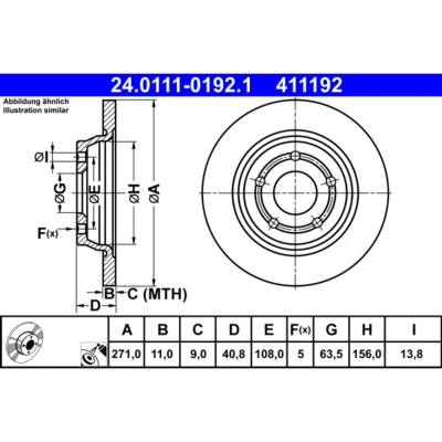 Abbildung von ATE 24.0111 0192.1 Bremsscheibe 271,0 11,0 5 108,0 voll beschichtet FORD: Focus Mk4 Schrägheck, Turnier, Limousine