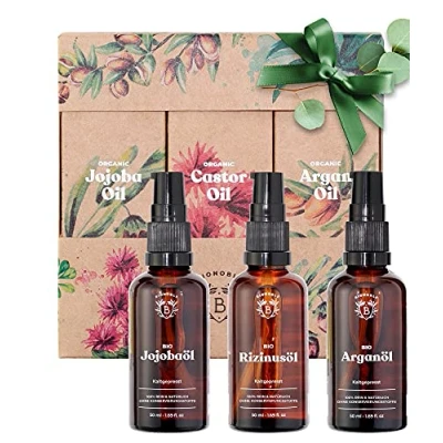 Abbildung von Bionoble Wellness Set für Frauen 3x50ml Bio Rizinusöl, Arganöl, Jojobaöl Das perfekte Geschenk: Produkte in einer ästhetischen Kartonverpackung Beauty Gesicht, Körper, Haare