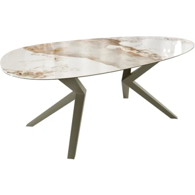 Abbildung von Esstisch Edge Oval 220x120 Keramik Minas Melange Weiß Beige Zenthara kantig Metall Effektfinish Titan