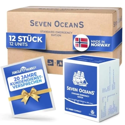 Abbildung von SEVEN OCEANS DAS ORIGINAL Notfallnahrung [12x500g] + extra Vitamine I Extrem lang haltbarer Notvorrat [6kg] zur Krisenvorsorge Energiereiche Outdoor Notration Prepper Notnahrung