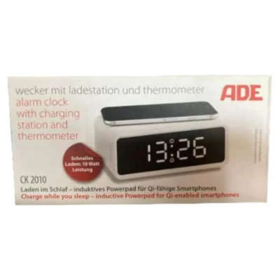 Abbildung von ADE CK2010 digitaler Wecker, kabelloses induktives Laden QI Smartphone 10W, mit Ladestation Wireless Charger, Dual Alarm, Uhrzeit, Temperaturanzeige, LCD Display, Nachttisch Uhr