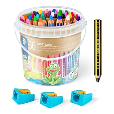 Abbildung von STAEDTLER 3in1 Buntstifte und Kinder Bleistift Noris junior, Bunt Wachsmal Aquarellstift, sehr dicke Mine, extra bruchsicher, ideal für Kinder, 36 Stifte, 3 Spitzer Bleistift, 140 C36P1X