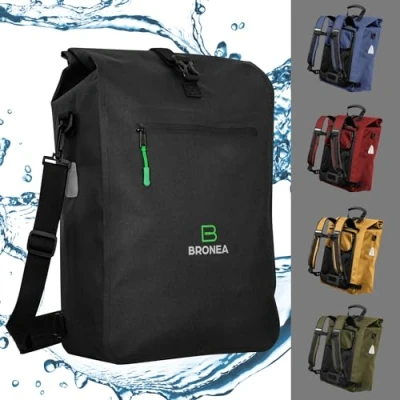 Abbildung von Bronea Fahrradtasche 3in1 Wasserdicht 28L SCHWARZ Kombi Rucksack &amp; Umhängetasche (Schnellmontage an Gepäckträger, Integrierte Laptoptasche), PVC frei Reflektierende Elemente Gepolsterte Rückwand