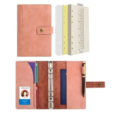 Abbildung von Wonderpool Leder Nachfüllbares Notizbuch Ringbuch A5 Tagebuch Gepunktetes Papier &amp; Echtleder Innentaschen für Reisearbeit und Organizer (Rosa, A6)
