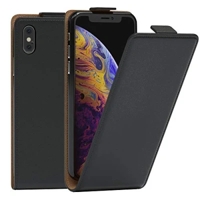 Abbildung von EAZY Case Hülle kompatibel mit iPhone X/XS Flip Cover zum Aufklappen, Handyhülle aufklappbar, Schutzhülle, Flipcover, Flipcase, Flipstyle vertikal klappbar, aus Kunstleder, Schwarz