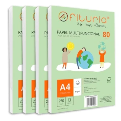Abbildung von Packung mit 1000 weißen DIN A4 Blättern, 80g Druckerpapier. Multifunktionales Kopierpapier für Schule und Büro. Ideal Laserdrucker, Tintenstrahldrucker oder Kopierer Ofituria