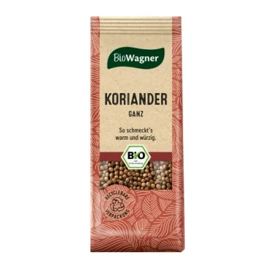 Abbildung von BioWagner Bio Koriander ganz würziges Aroma für süße oder pikante Gerichte naturbelassene Zutaten recyclebare Verpackung 40 g