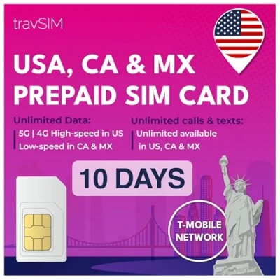 Abbildung von travSIM USA, Canada Mexico SIM Karte T Mobile Netzwerk 50 GB Daten für die 5 Kanada und Mexiko Unbegrenzte Inlandsgespräche SMS Gültig 10 Tage
