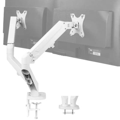 Abbildung von VIVO Articulating Dual 17 bis 27 Zoll pneumatischer Federarm Klemmhalterung für 2 Monitor Bildschirme mit max. VESA 100 x 100, weiß (STAND V102OW)