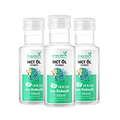 Abbildung von Simply Keto MCT Öl (3x100ml) Booster aus 100% Kokosöl 70% Caprylsäure C8 und 30% Caprinsäure C10 Vegan &amp; Palmölfrei Optimal für ketogene Ernährung Bulletproof Coffee 3x100ml