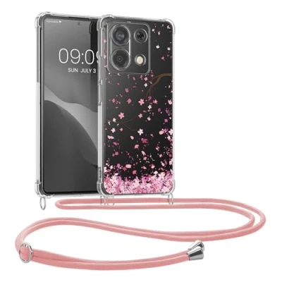 Abbildung von kwmobile Necklace Case kompatibel mit Xiaomi Redmi Note 13 Pro 5G / Poco X6 Hülle Silikon Cover Handykette Rosa Dunkelbraun Transparent Kirschblütenblätter