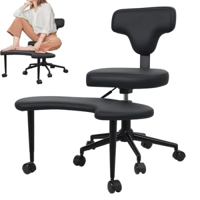 Abbildung von yoakaiax Bürostuhl mit Kreuzbeinen, Meditationsstuhl Rollen, ergonomischer Kniestuhl, Criss Cross Schreibtischstuhl Lendenwirbelstütze und verstellbarem Hocker,