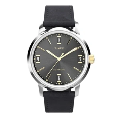 Abbildung von Timex Marlin Automatic Herren Armbanduhr, 40 mm, schwarzes, zweiteiliges Lederarmband mit Schnellverschluss, schwarzes Zifferblatt, Edelstahlgehäuse TW2W33900