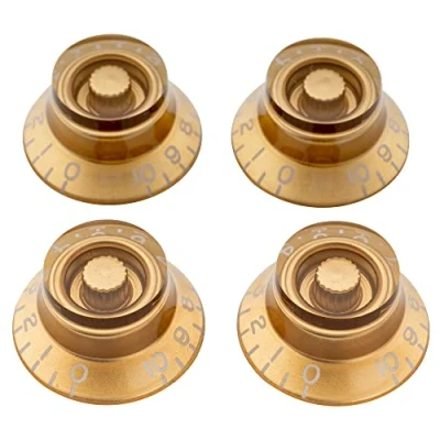Abbildung von Musiclily Pro Linkshänder Metrische Größe 18 Splines Hutform Potiknopfe Top Hat Bell Knobs für Asien Import Gitarre Bass Split Shaft Poti, Gold (4er Set)