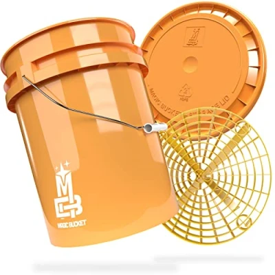 Abbildung von MAGIC BUCKET Auto Handwäsche Bundle Wascheimer Mit passendem Eimer Deckel 5 US GALLONEN ca. 20 Liter Grit Guard Eimereinsatz Schmutzsieb Waschset Orange/Gelb