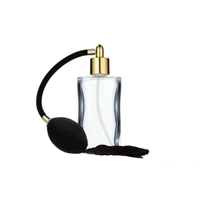 Abbildung von Fantasia Parfum Flakon leer 100ml mit Ball Zerstäuberpumpe, ovale Klarglas Flasche zum selber Befüllen, Zerstäuber in Gold, nachfüllbar für 100ml, Ballpumpe