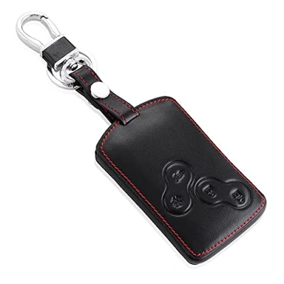 Abbildung von Happyit Auto echtes Leder Smart Key Cover Fall für Renault Clio Scenic Megane Duster Sandero Captur Twingo Koleos 4 Tasten Fernbedienung (Schwarz + rot)
