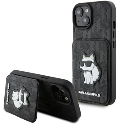 Abbildung von Karl Lagerfeld KLHCP15SSAKCNSCK Hülle für iPhone 15 6.1&quot; Schwarz hardcase Saffiano Cardslots and Stand Monogram Choupette