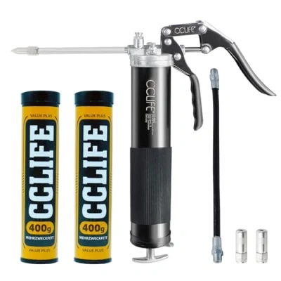 Abbildung von CCLIFE Einhand Fettpresse 6000 PSI mit 2X 400g Mehrzweckfett EP2 Pistolengriff Schmierung Hebelfettpresse