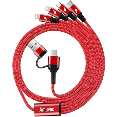 Abbildung von Amuvec Multi USB Kabel 3A 1,2M, A/USB C auf 4 in 1 Nylon Mehrfach Universal Ladekabel mit 2*iP Typ Micro USB, für Handy, Samsung Galaxy S24 S23 S20 S10 A51, Huawei, Sony, Nokia, Moto, Xiaomi, LG