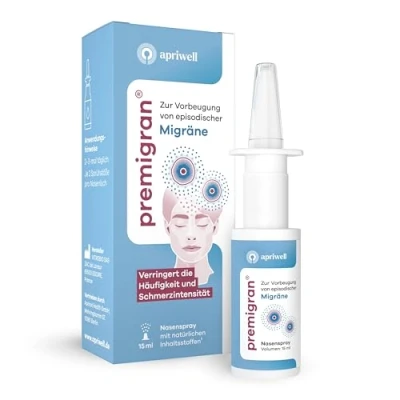 Abbildung von premigran® Nasenspray zur Vorbeugung von Migräne mit oder ohne Aura Reduziert Häufigkeit, Dauer &amp; Intensität Attacken Klinisch belegte Prävention, ab 12 Jahren 15 ml