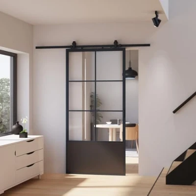 Abbildung von inova wohnen Schiebetür Loftschiebetür aus Stahl, Mattschwarz, mit Glaseinsatz (inkl. Bügelgriff in Schwarz), Lofttür, 6 Fenster