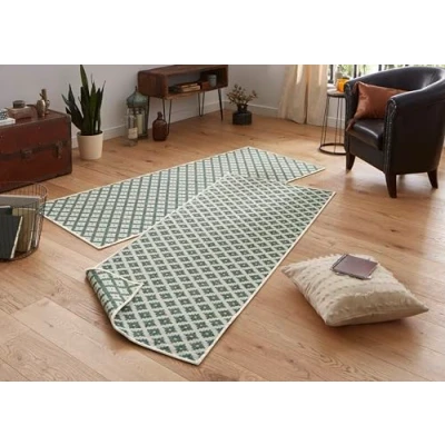 Abbildung von NORTHRUGS Outdoor Teppich Nizza Wendeteppich Wetterfest Modernes Geometrisches Muster Läufer für Balkon Terrasse Garten Wintergarten Wohnzimmerteppich Wasserfest in Grün Creme, Polypropylen, 80x350cm