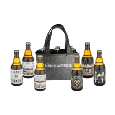Abbildung von Jack&#039;s Männerhandtasche Feuerwehr/gefüllt mit 6 Bierflaschen/witzige Sprüche/Herrengeschenk/Partygeschenk/Sixpack/für echte Männer