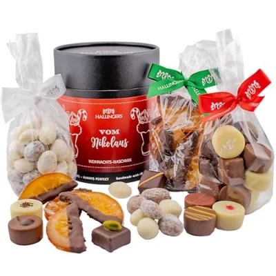 Abbildung von Hallingers Vom Nikolaus Weihnachtliches Geschenkset, Pralinen Mandeln Orangenscheiben als Geschenk zu Weihnachten (Set) Geschenkideen &amp; Geschenke Glückwunsch Glückwünsche