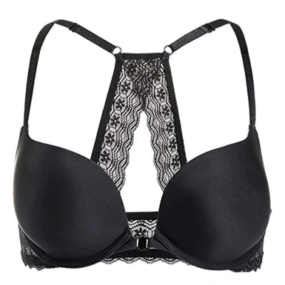 Abbildung von DOBREVA Damen Vorderverschluss Push Up BH mit Bügel Soft T Shirt Tiefen Ausschnitt BHS Neckholder Gepolsterter Schwarz 85D