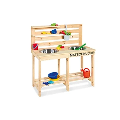 Abbildung von PINOLINO 221011 Matschküche Paul, unbehandelt, vollmassives Holz, Durchlass für einen Gartenschlauch in der Rückwand, Kinder ab 3 Jahren