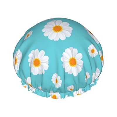 Abbildung von Blue Daisy Duschhaube, wasserdicht, Luxus Duschhauben für Damen, wiederverwendbar, Bade Haarhaube, modische Duschmütze mit Gummizug, einfach zu tragen