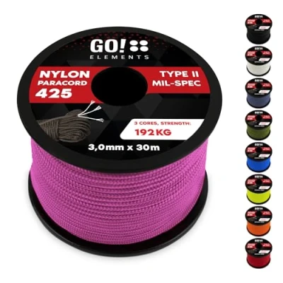 Abbildung von GO!elements 30m Paracord Seil aus reißfestem Nylon 3mm 425 Typ II max. 192kg Schnüre als Outdoor Seil, Allzweckseil, Survival Armband, Hundeleine, Nylonschnur, Farbe: Rosa