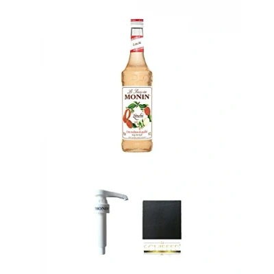 Abbildung von Monin Litschi Sirup 0,7 Liter + Dosier Pumpe für &amp; 1,0 Literflasche Schiefer Glasuntersetzer eckig ca. 9,5 cm Durchmesser