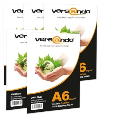 Abbildung von versando 10.000 Blatt Recyclingpapier DIN A6 EcoWhite 80g Kopierpapier Druckerpapier Öko Umweltpapier Rezeptpapier (105 x 148 mm)
