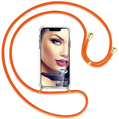 Abbildung von mtb more energy® Handykette kompatibel mit iPhone 13 (6.1&#039;&#039;) Neon Orange/Gold Smartphone Hülle zum Umhängen Anti Shock Full TPU Case
