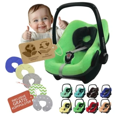 Abbildung von Frottee Sommerbezug [Schonbezug für Babyschale] Autositz kompatibel mit Maxi Cosi Pebble und Plus + GRATIS Kopfpolster (apfelgrün)