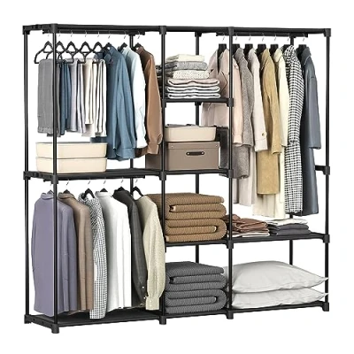 Abbildung von SONGMICS Kleiderschrank, Kleiderständer, freistehende Garderobe, mit Kleiderstangen, Garderobenständer, Stoffablagen, Metallrahmen, 182 x 43 cm, tintenschwarz RYG037B02