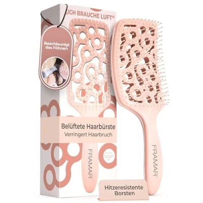 Abbildung von FRAMAR Champagne Belüftete Haarbürste gebogene Paddelbürste zum Föhnen, Nassentwirren für Frauen, alle Haartypen, hitzebeständig