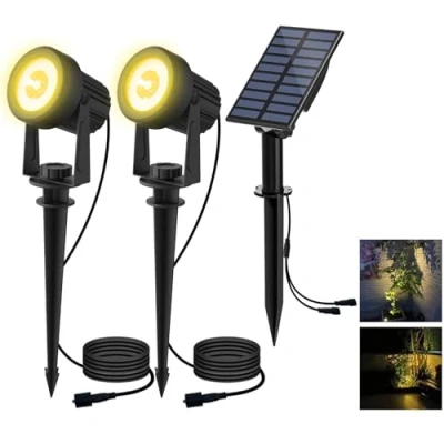 Abbildung von T SUN Solar Gartenleuchte, 2 Stück Solarstrahler Solarlampen für garten, IP65 Wasserdicht LED Solarlampe mit Helligkeitsstufe, 3 Meter Kabe,Auto on/off Bäume,Sträucher,Gartenweg(3000K Warmweiß)