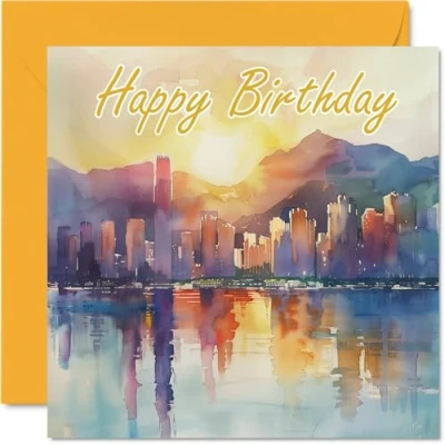 Abbildung von Stuff4 Geburtstagskarten für Frauen und Männer Aquarellstadt Happy Birthday Karte Mama, Vater, Bruder, Schwester, Onkel, Tante, Cousin, Großvater, Nanny, Freund, 145 mm x
