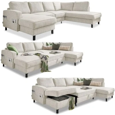 Abbildung von MIUFORM Wohnlandschaft U Form, Ecksofa Beige mit Schlaffunktion und Bettkasten, Sofa Form Schlaffunktion, Big XXL Couch (Rechts)