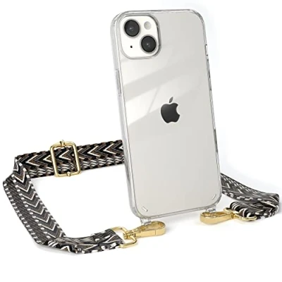 Abbildung von EAZY CASE Handykette Verstellbarer Gurt kompatibel mit iPhone 14 Plus, Schulterriemen, Flache Kordel, Handykordel Hülle, Hülle Kette, Grau/Schwarz Metall Gold