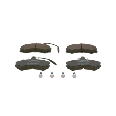 Abbildung von BOSCH 0 986 467 411 Bremsbelagsatz Low Metallic mit integriertem Verschleißsensor Anti Quietsch Blech, Schrauben Zubehör