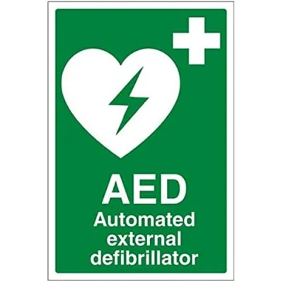 Abbildung von vsafety 31033 au s &quot;AED Automatiesierter Externer Defibrillator&quot; Erste Hilfe Allgemeine Zeichen, selbstklebend, Portrait, 200 mm x 300 mm, grün