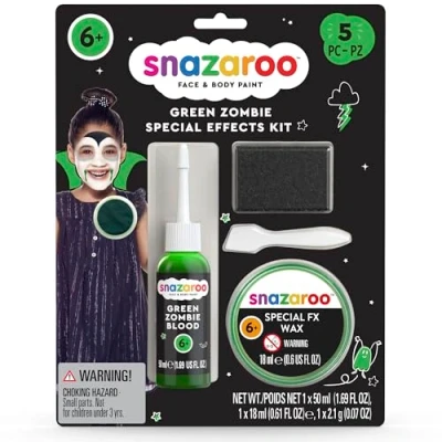 Abbildung von Snazaroo 1172242 Zombie Blut Spezial FX Set grünes Kunstblut 50ml, 75ml Wachs, 2ml 1 Schwamm, Spachtel für Halloween Kostüm, Zombie, Vampir und Monster