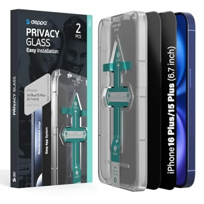 Abbildung von Deppa 2 Stück Sichtschutz für Iphone 15 Plus/16 Plus (6.7 Zoll) mit Schablone Privacy Anti Spy Glas, Folie, Schutzfolie, Schutzglas, Displayschutz, Sichtschutzfolie